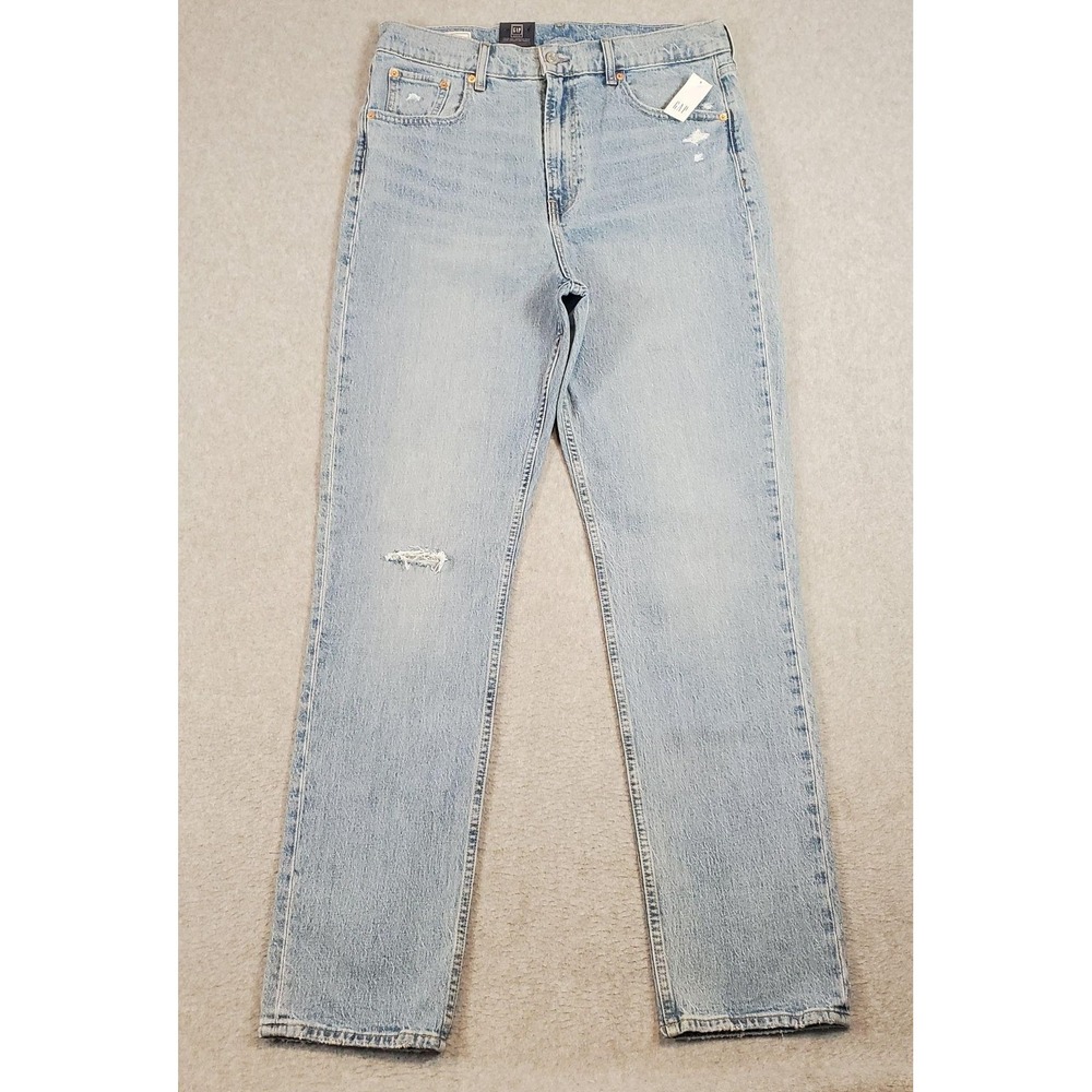 Gap Jeans Womens 32/14 Tall Light Blue Sky High Straight High Rise Distressed